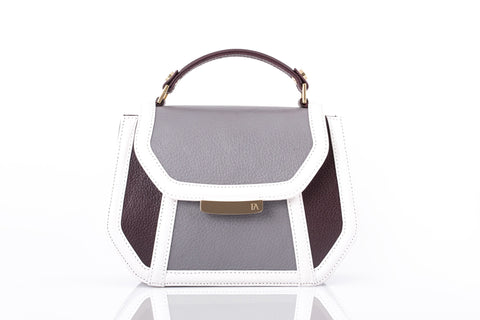 Mini Anabella tote in bordeaux and grey calf leather with a gold-tone logo plaque, structured flap, and elegant top handle.