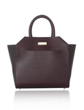 Bordeaux textured leather Sharon tote with raffia sides, gold-tone logo plaque, and elegant trapeze silhouette.