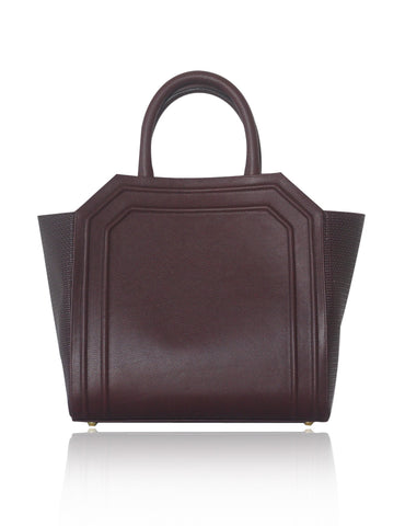 Bordeaux medium trapeze tote in textured calf leather with raffia-effect sides and elegant gold-tone hardware.