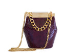 Bordeaux watersnake mini bucket bag with gold-tone chain strap and elegant designer logo clasp.