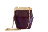 Bordeaux watersnake mini bucket bag featuring a gold-tone designer clasp and elegant detachable chain strap.