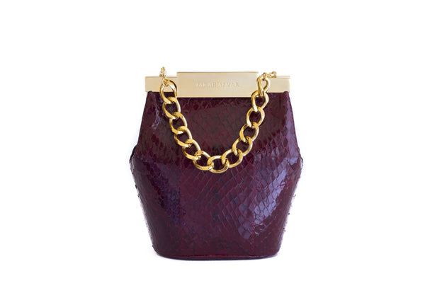 Bordeaux watersnake mini bucket bag featuring a gold-tone designer logo clasp and a luxurious chunky gold chain handle.