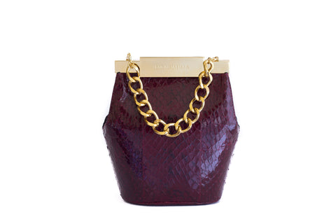 Bordeaux watersnake mini bucket bag featuring a gold-tone designer logo clasp and a luxurious chunky gold chain handle.