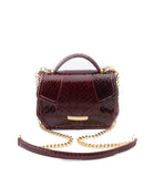 Glossy Bordeaux water snake mini Anabella tote with gold-tone hardware, top handle, and detachable chain strap.