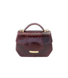Glossy Bordeaux water snake mini Anabella tote with a gold-tone logo plaque and structured top handle.