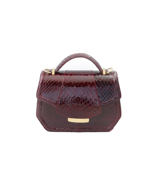 Glossy Bordeaux water snake mini Anabella tote with a gold-tone logo plaque and structured top handle.
