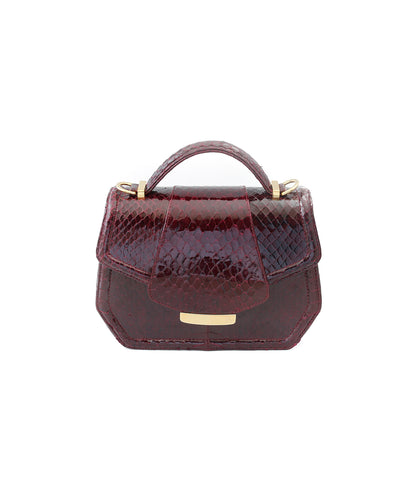 Glossy Bordeaux water snake mini Anabella tote with a gold-tone logo plaque and structured top handle.