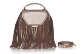 Bronze metallic leather medium satchel featuring a textured flap, camel suede fringe, and elegant gold-tone hardware.