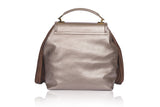 Bronze medium satchel in textured leather with gold-tone hardware and stylish camel suede fringe side accents.