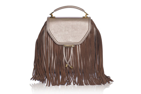 Bronze metallic leather medium satchel featuring a textured flap, camel suede fringe, and elegant gold-tone hardware.