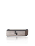Edith box clutch in textured bronze and off-white calf leather with a black frame, mirror top, and gunmetal logo fastening.