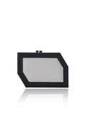 Geometric Edith clutch in textured black and off-white calf leather with a sleek, modern box silhouette and gunmetal hardware.