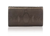 Bronze Jeeda clutch in textured python skin, featuring a sleek 18cm rectangular silhouette and luxurious metallic finish.