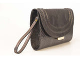 Bronze python skin Jeeda clutch with gold-tone hardware, detachable bracelet strap, and elegant 18cm wide structured design.