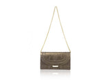 Bronze python skin Jeeda clutch with gold-tone hardware, detachable chain strap, and elegant metallic finish.