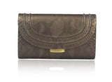 Bronze python skin Jeeda clutch with gold-tone hardware, featuring a sleek 18cm design and elegant front lock plaque.