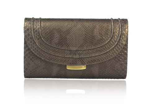Bronze python skin Jeeda clutch with gold-tone hardware, featuring a sleek 18cm design and elegant front lock plaque.