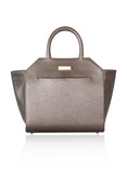 Bronze medium Sharon tote in textured calf leather with perforated sides, gold-tone hardware, and designer logo plaque.