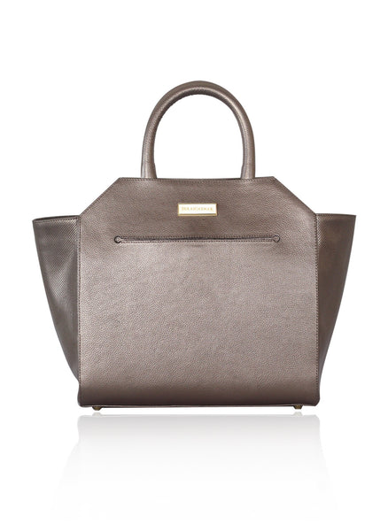 Bronze medium Sharon tote in textured calf leather with perforated sides, gold-tone hardware, and designer logo plaque.