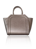 Structured bronze medium tote in textured calf leather with chic perforated sides and elegant gold-tone hardware.