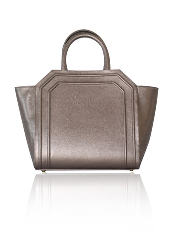 Structured bronze medium tote in textured calf leather with chic perforated sides and elegant gold-tone hardware.
