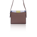 Chic Anya crossbody bag in beige calf leather with cream, yellow, and blue accents, silver hardware, and adjustable strap.