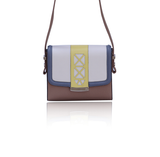Chic Anya crossbody bag in cream, beige, and blue calf leather with a yellow laser-cut trim and elegant silver-tone hardware.