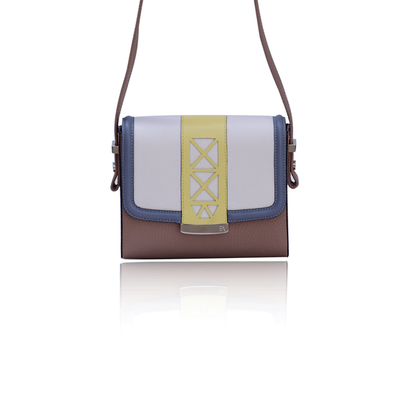 Chic Anya crossbody bag in cream, beige, and blue calf leather with a yellow laser-cut trim and elegant silver-tone hardware.