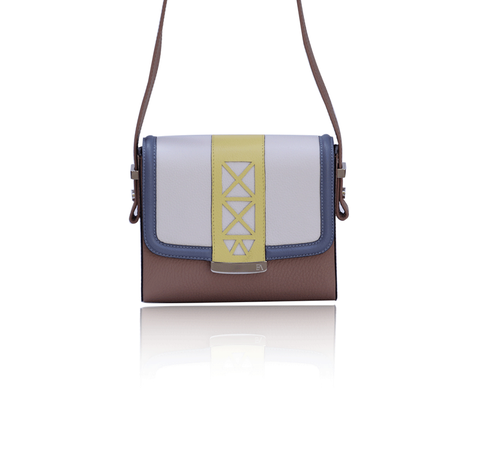 Chic Anya crossbody bag in cream, beige, and blue calf leather with a yellow laser-cut trim and elegant silver-tone hardware.