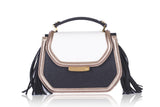 Cream and black calf leather mini Anabella bag with gold-tone hardware, side tassels, and a chic structured design.