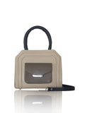 Cream and kaki box calf leather mini Sharon tote with storm-blue handles, silver hardware, and a front pocket.