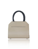 Cream and kaki box calf leather mini Sharon tote with storm-blue handles and sleek silver-tone hardware.
