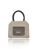 Cream and kaki smooth leather mini Sharon tote with storm-blue handles, silver hardware, and a front pocket.