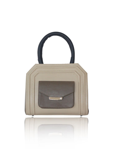 Cream and kaki smooth leather mini Sharon tote with storm-blue handles, silver hardware, and a front pocket.