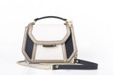 Mini Anabella tote in cream and navy calf leather with metallic gold trim, front flap, and detachable chain shoulder strap.