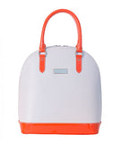 Structured cream calf leather tote with neon orange patent accents, silver hardware, and a sophisticated dome silhouette.