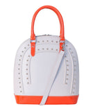 Cream leather structured tote with neon orange patent accents, silver-tone studs, and a removable shoulder strap.