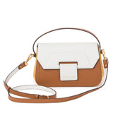 Cream and tan Napa leather shoulder bag with mango suede sides, gold hardware, and a versatile two-tone adjustable strap.