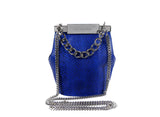 Electric blue watersnake mini bucket bag with silver-tone hardware, designer logo clasp, and detachable chain strap.