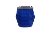 Electric blue watersnake mini bucket bag featuring a sleek silver-tone designer logo clasp and sophisticated structured design.