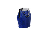 Electric blue watersnake mini bucket bag with silver-tone chain handle and designer logo clasp.