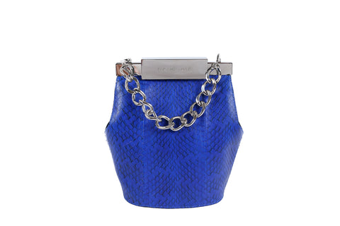 Electric blue watersnake mini bucket bag with silver-tone logo clasp and detachable chain strap.