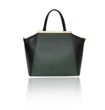 Emerald green and black smooth leather trapeze tote with gold designer plaque and structured top handles.