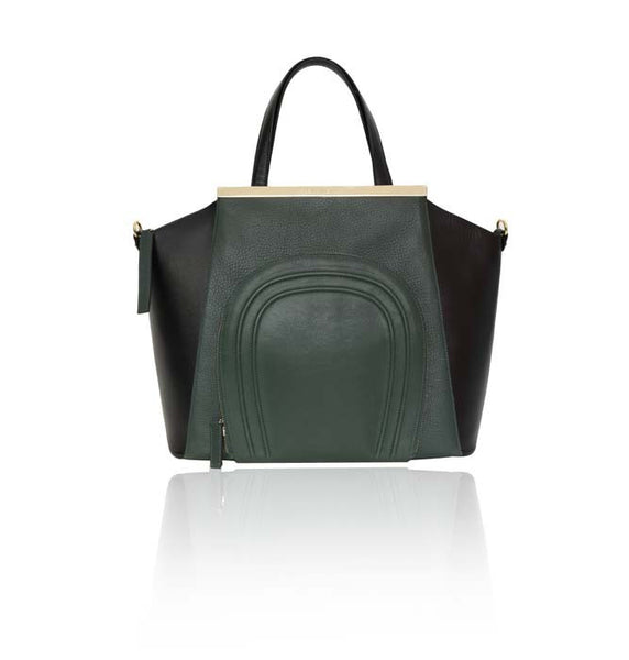 Emerald green and black smooth leather trapeze tote with a front zip pocket and elegant gold designer plaque.