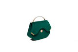 Emerald green velvet Calypso top handle bag with gold-tone hardware and designer logo, 23cm wide luxury evening accessory.