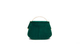 Emerald green velvet Calypso top handle bag featuring a structured silhouette, gold-tone hardware, and elegant arched handle.