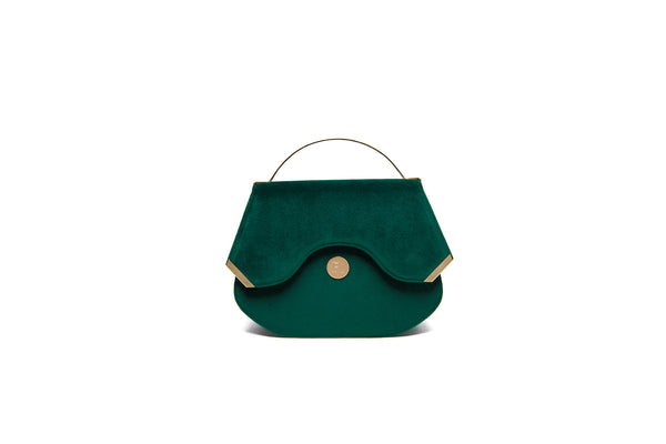 Emerald green velvet Calypso top-handle bag featuring elegant gold-tone hardware and a sleek, structured designer silhouette.