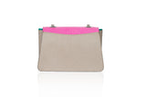 Mini Jackie O shoulder bag in greige calf leather with a perforated fuchsia nubuck flap and jade green suede accents.