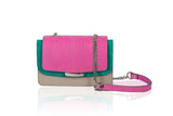 Mini Jackie O shoulder bag in greige calf leather with a perforated fuchsia nubuck flap, jade suede trim, and silver chain.