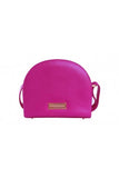 Fuchsia textured leather Thalia crossbody bag with gold-tone hardware and a chic, compact half-moon silhouette.